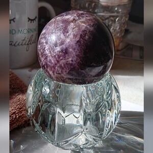Crystal Dark Purple Lepidolite Sphere On Glass Stand